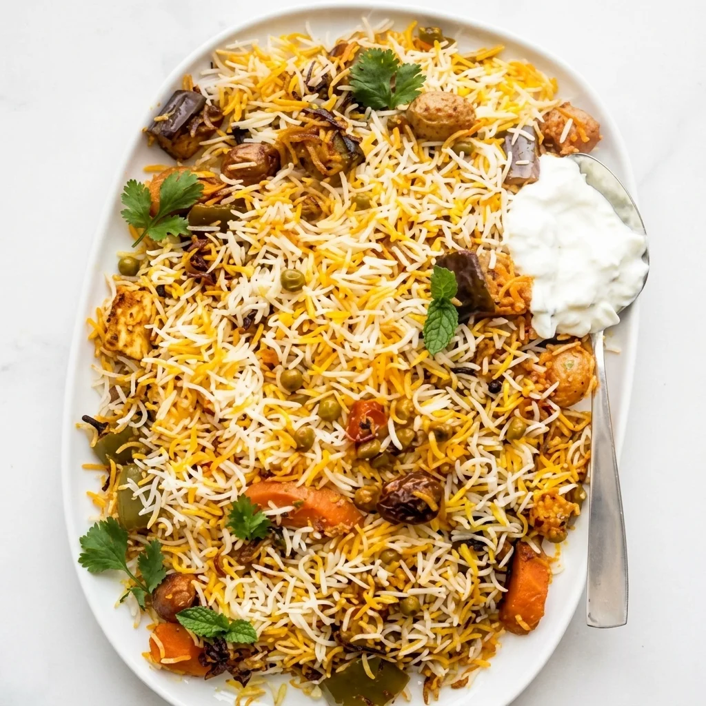 Vegetable biryani with basmati rice and raita, a vegetarian dish at Shehnai Restaurant in Hamilton