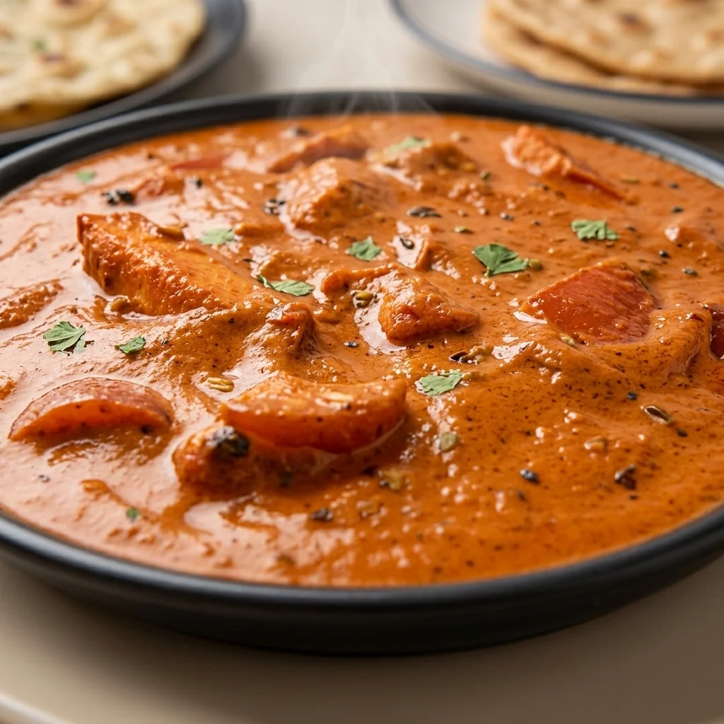 Vegetable korma in a creamy curry sauce with naan at Shehnai Restaurant, Hamilton