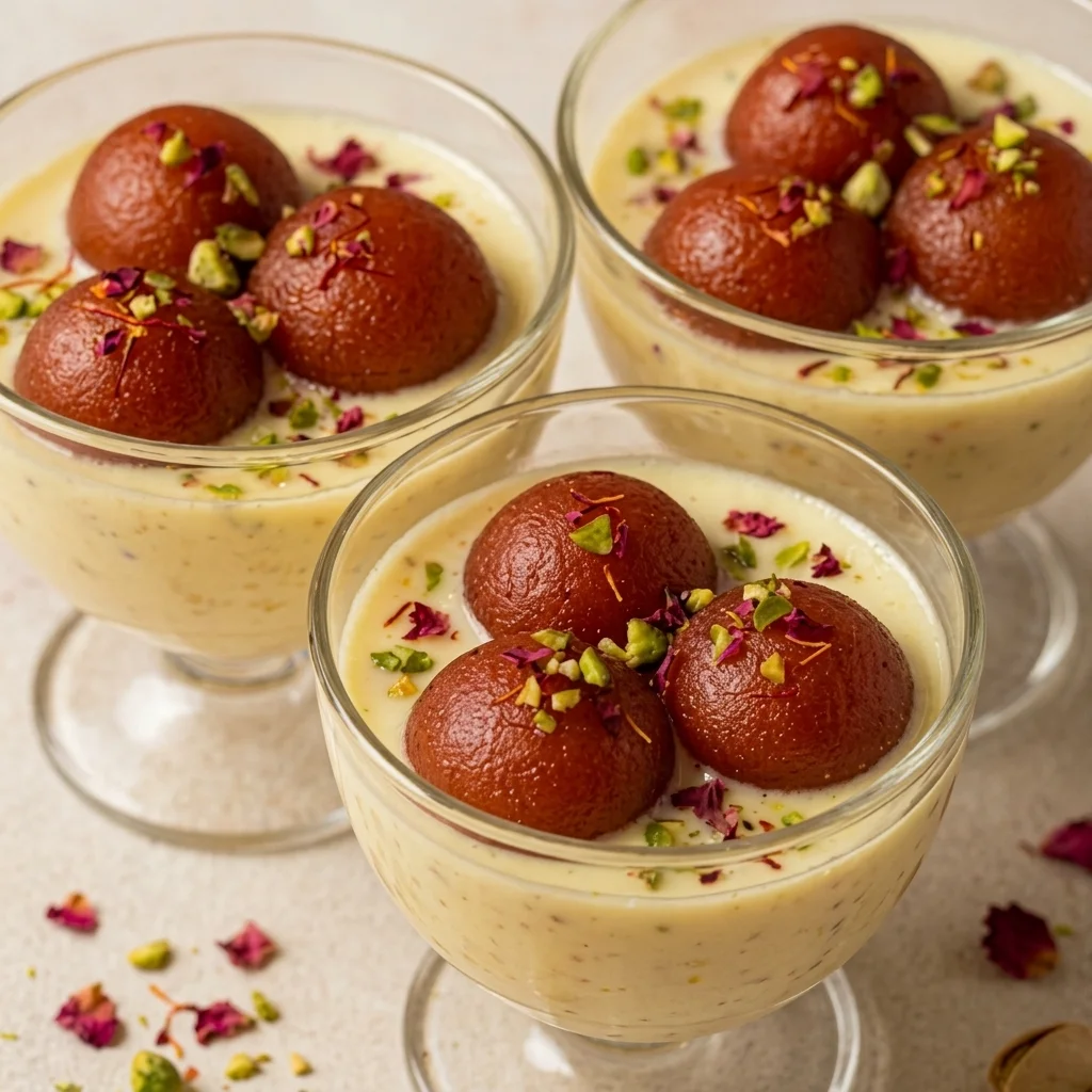 Gulab jamun, soft milk dumplings in warm syrup, an Indian dessert at Shehnai Restaurant in Hamilton